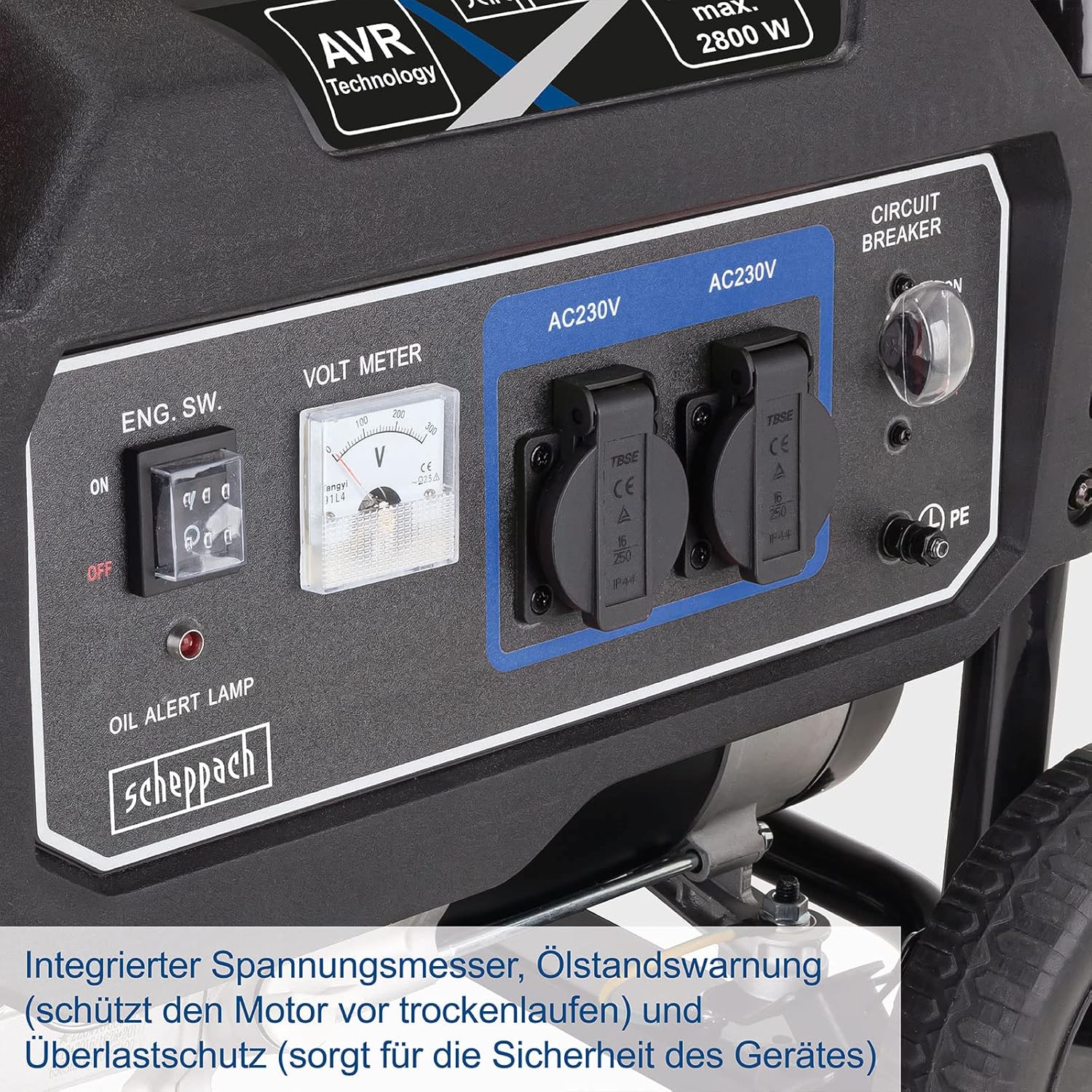 Scheppach SG3200x Stroomgenerator, noodstroomgenerator 2800 W, vermogen 6 CVX, tank 15 l, 4-takt motor 212 cm³, 2 x stopcontact 230 V, handgreep en bewegingsapparaat inbegrepen - Afbeelding 2